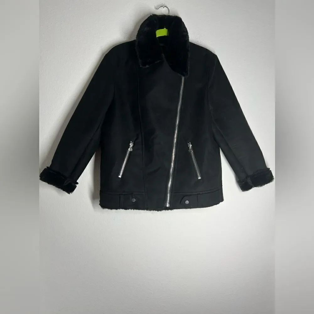 H&M Faux Fur-lined Biker Jacket Black Full Zip Aviator Size 8 - Picture 4 of 16